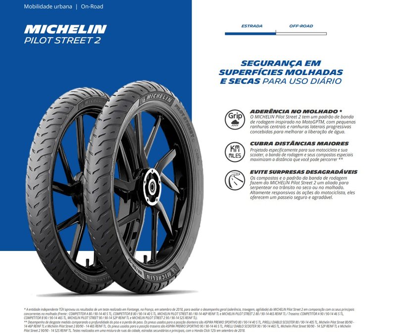 Jogo 2 Pneus de Moto Michelin 80/100-18 47S + 100/80-18 59S Pilot Street 2  TL - Pneu de Moto - Magazine Luiza